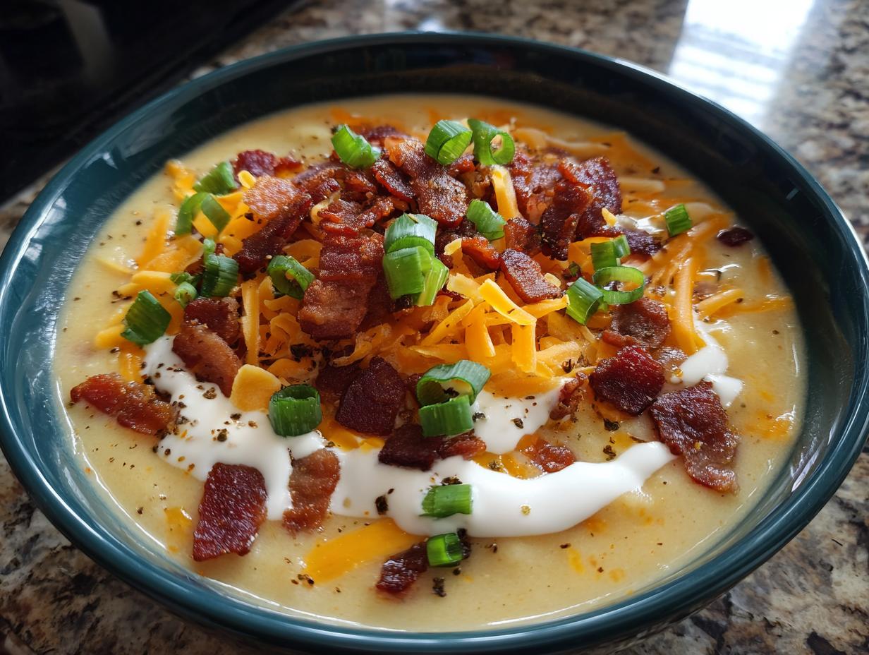 A close-up of a rich, creamy potato soup recipe topped generously with bacon, shredded cheddar cheese, sour cream, and green onions.