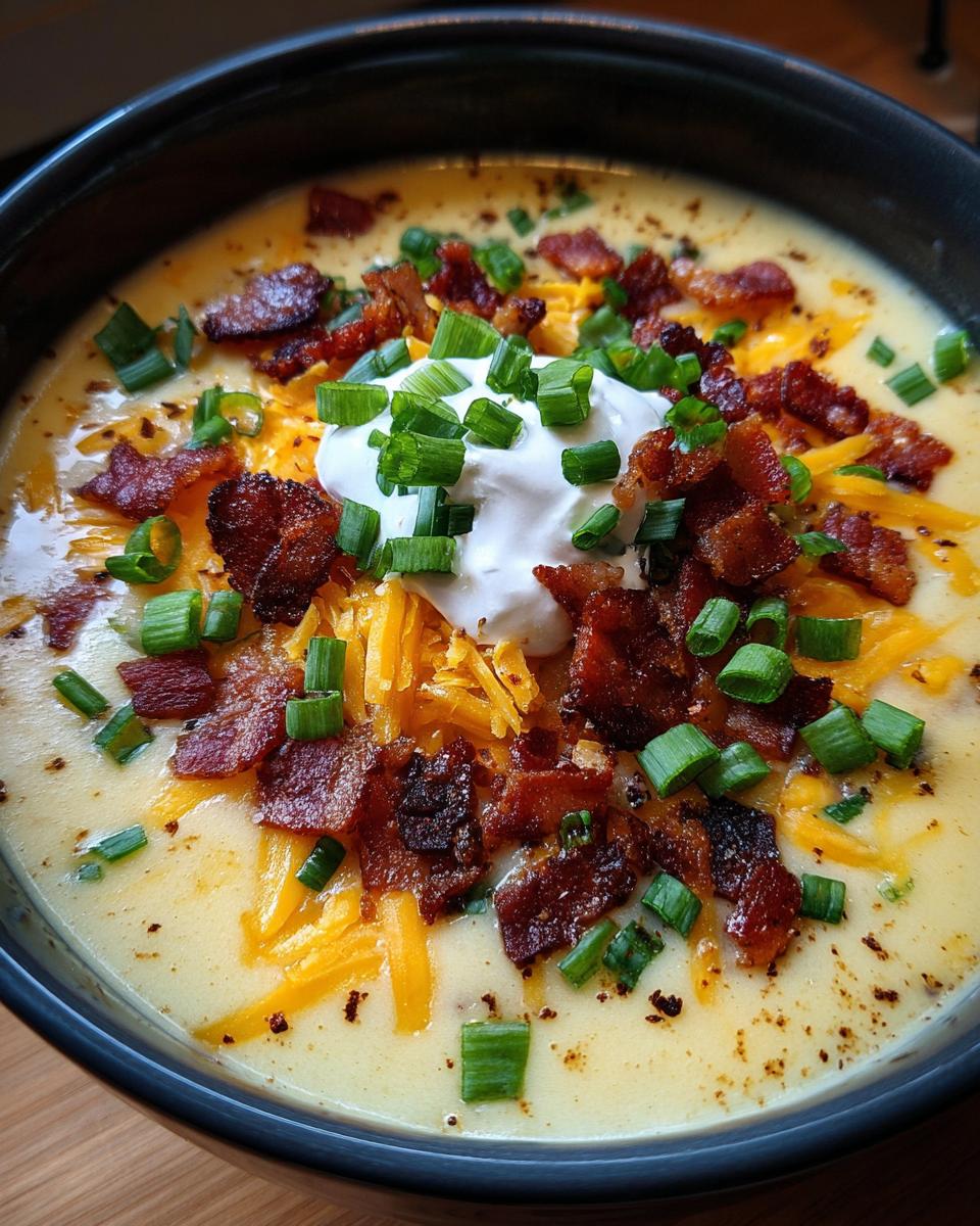 Close-up of a bowl of creamy potato soup recipe topped generously with bacon, shredded cheddar cheese, sour cream, and chives.