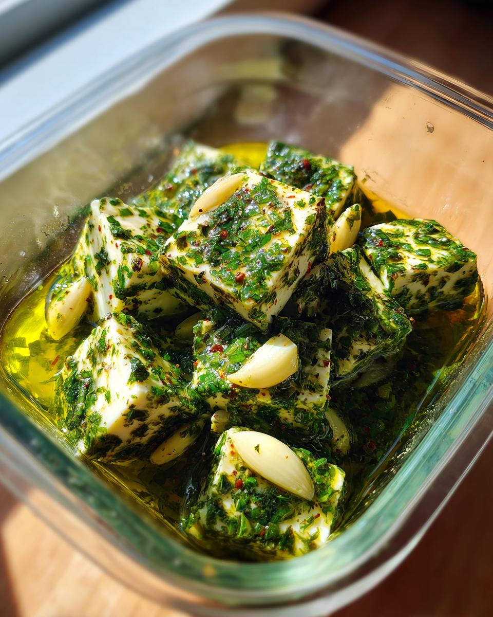 Close-up of cubes of marinated cheese coated in green herbs and olive oil, with whole garlic cloves.