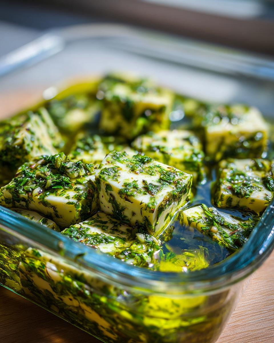 Close-up of cubed marinated cheese soaking in bright green herb-infused oil in a glass dish.