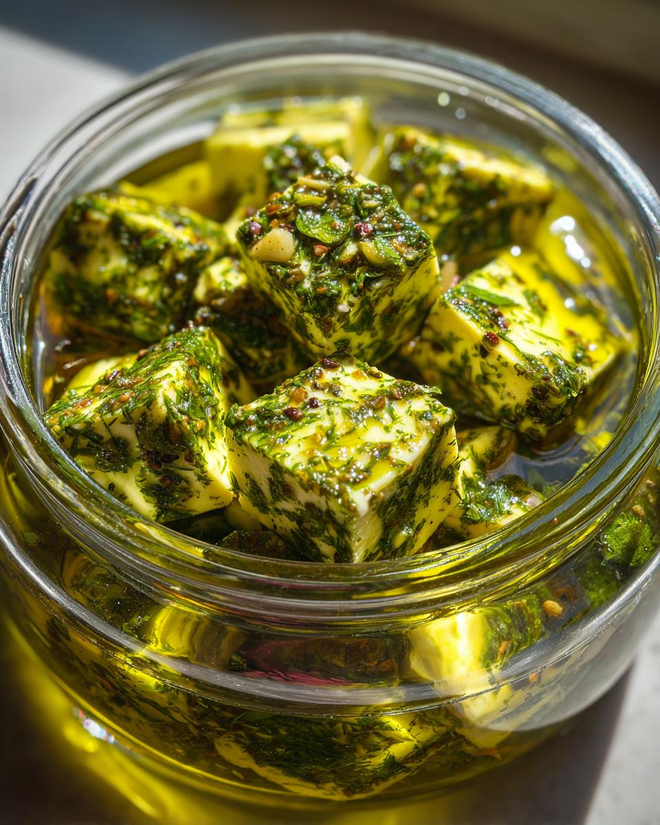 Close-up of cubed marinated cheese heavily coated in green herbs and spices, submerged in olive oil in a glass jar.