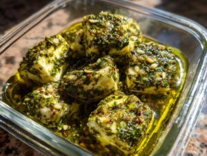 Close-up of several cubes of marinated cheese coated in green herbs and spices, submerged in olive oil in a glass container.