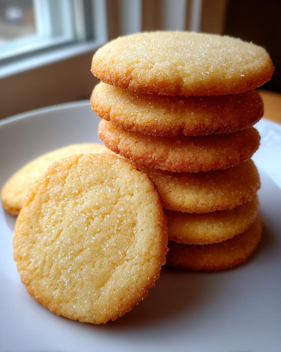 A close-up stack of golden brown sugar cookie rounds sprinkled with sparkling sugar crystals.