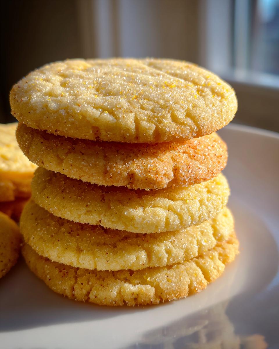 A vertical stack of five golden brown sugar cookie rounds, coated in sparkling sugar, sitting on a white plate.