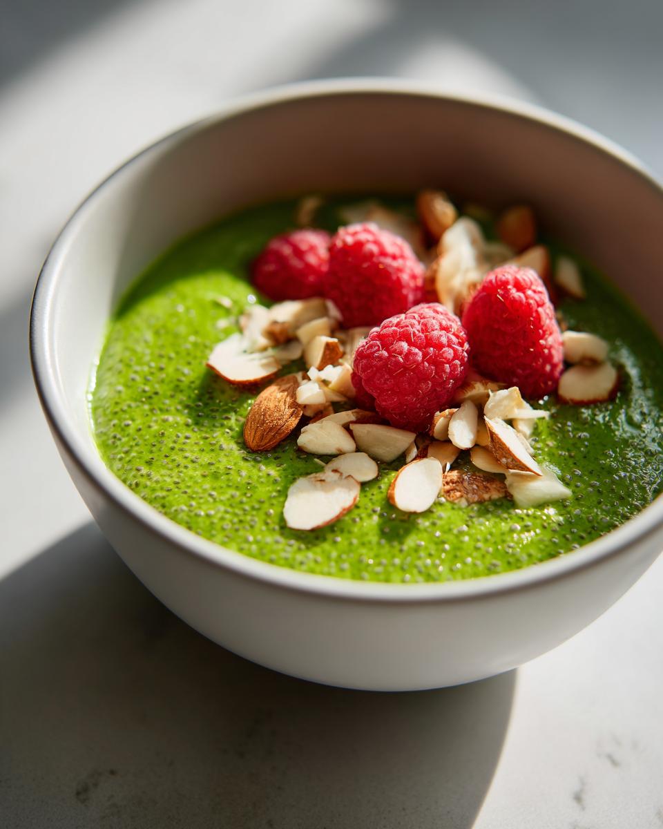 Close-up of bright green matcha chia pudding topped with fresh raspberries and sliced almonds.