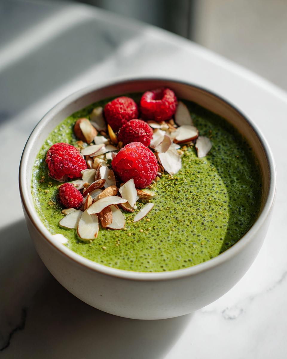 Close-up of bright green matcha chia pudding topped with fresh raspberries and sliced almonds.