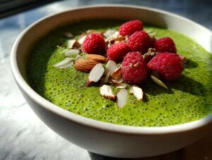 Close-up of bright green matcha chia pudding topped with fresh raspberries and sliced almonds.