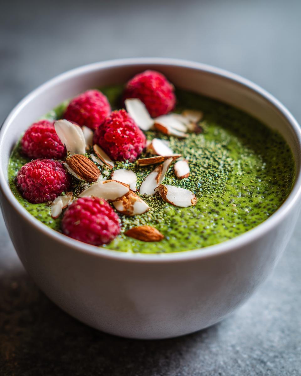 Close-up of vibrant green matcha chia pudding topped with fresh raspberries, sliced almonds, and hemp seeds.