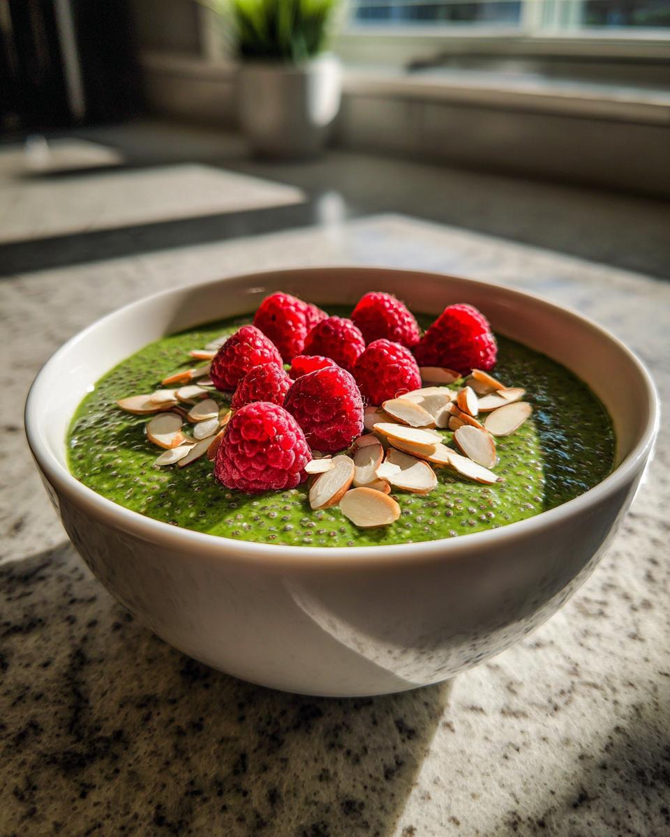 A close-up of vibrant green matcha chia pudding topped with fresh raspberries and sliced almonds.