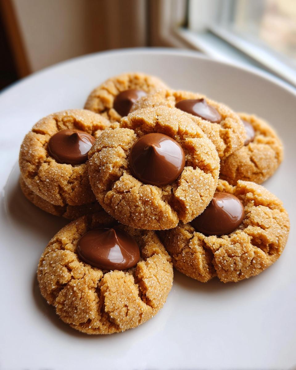 A close-up of several delicious peanut butter blossoms, rolled in sugar and topped with melted chocolate, stacked on a white plate.