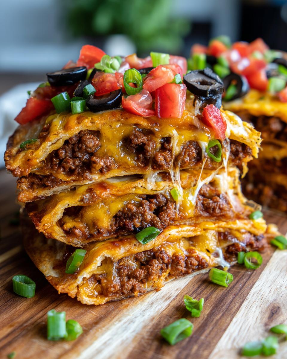 Close-up of a stacked slice of mexican pizza showing layers of seasoned beef, melted cheese, tomatoes, and olives.