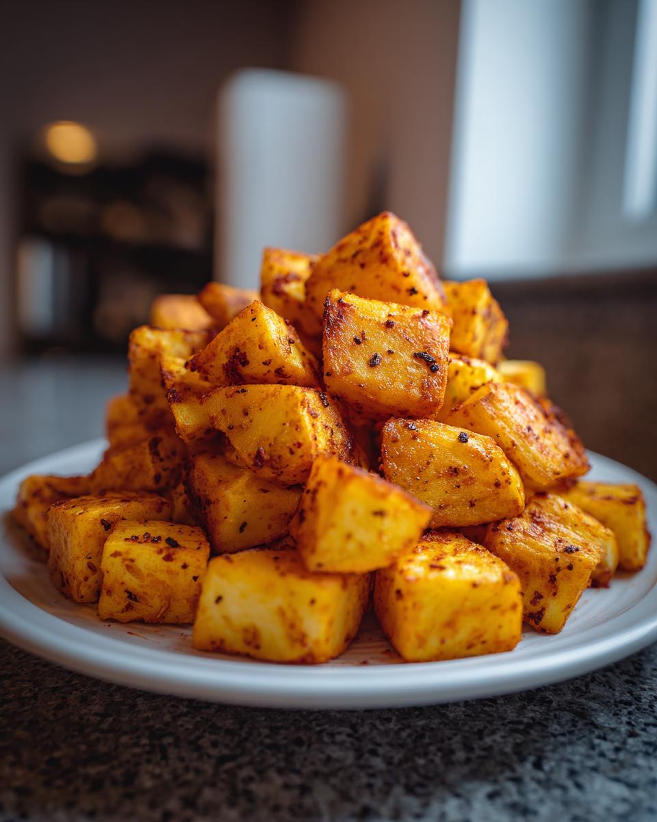 A close-up of a mound of golden, perfectly seasoned Mexican Potatoes piled high on a white plate.