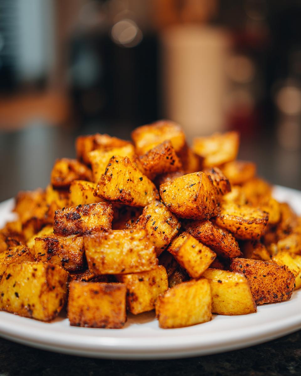 A close-up of a mound of crispy, golden-brown Mexican Potatoes seasoned with dark spices, served on a white plate.
