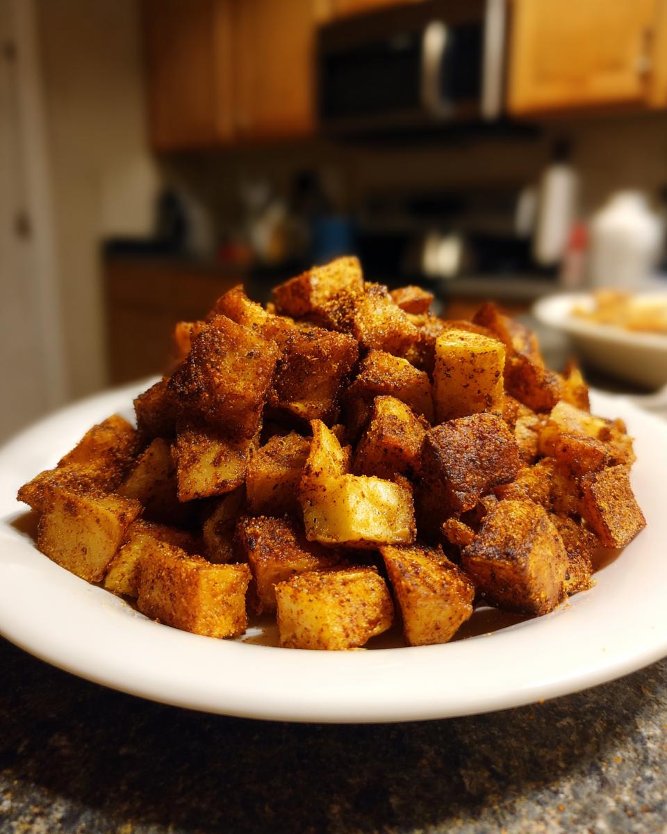 A close-up of a large mound of perfectly seasoned and roasted Mexican Potatoes piled high on a white plate.