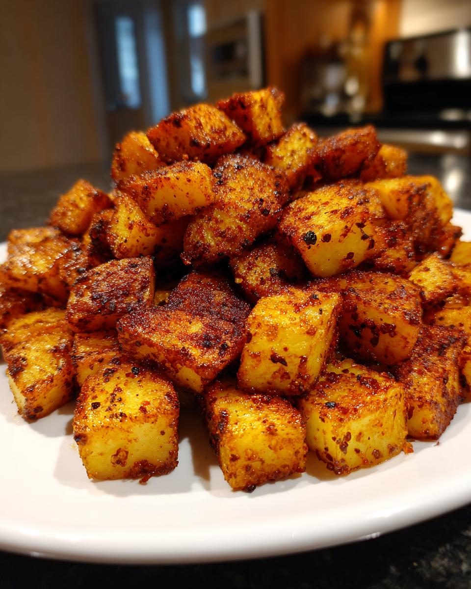 A close-up of a mound of crispy, golden-brown Mexican potatoes seasoned with chili powder.