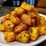 A close-up of a mound of perfectly cooked Mexican Potatoes, seasoned with chili flakes and herbs.