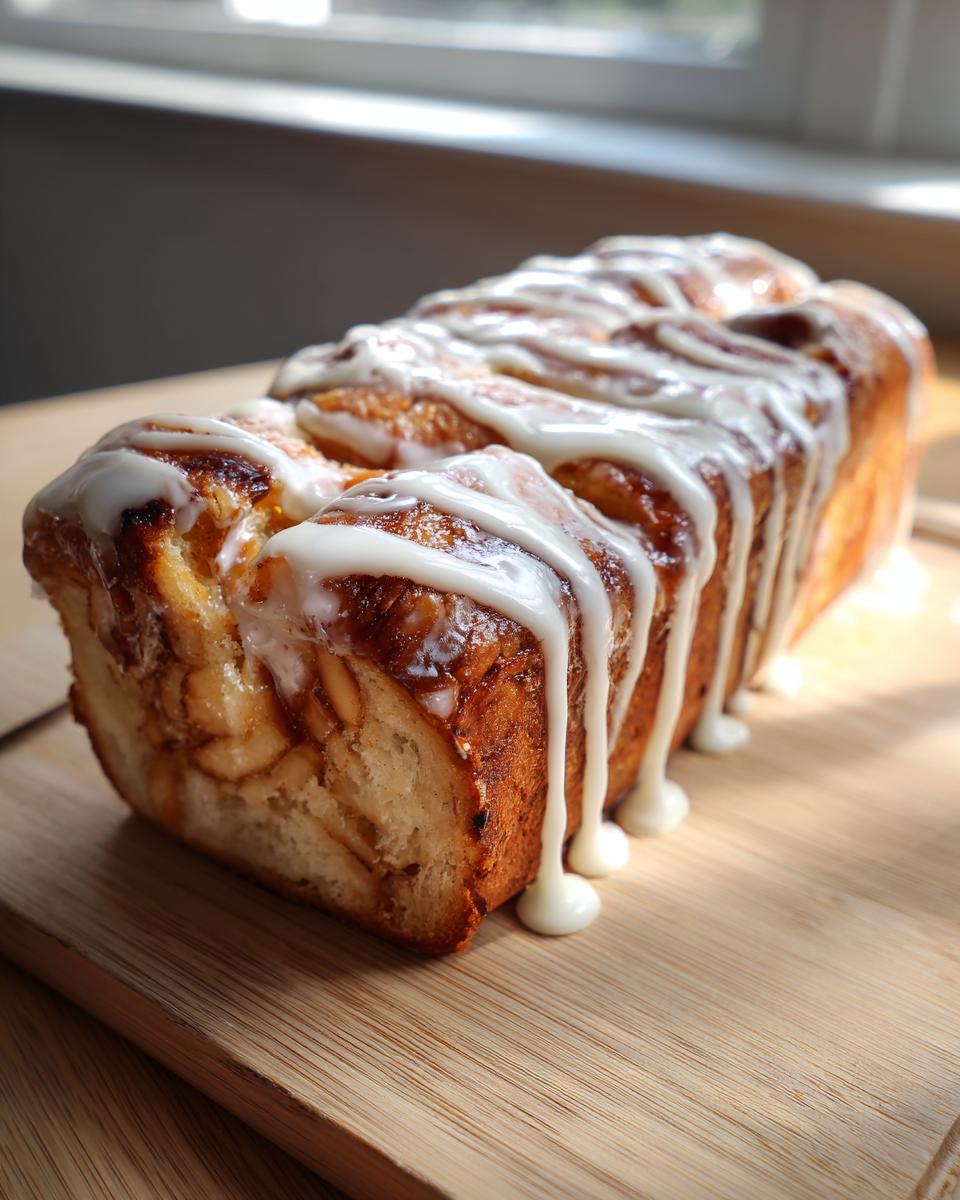 A freshly baked loaf of apple fritter bread drizzled heavily with white vanilla icing, sitting on a wooden cutting board.
