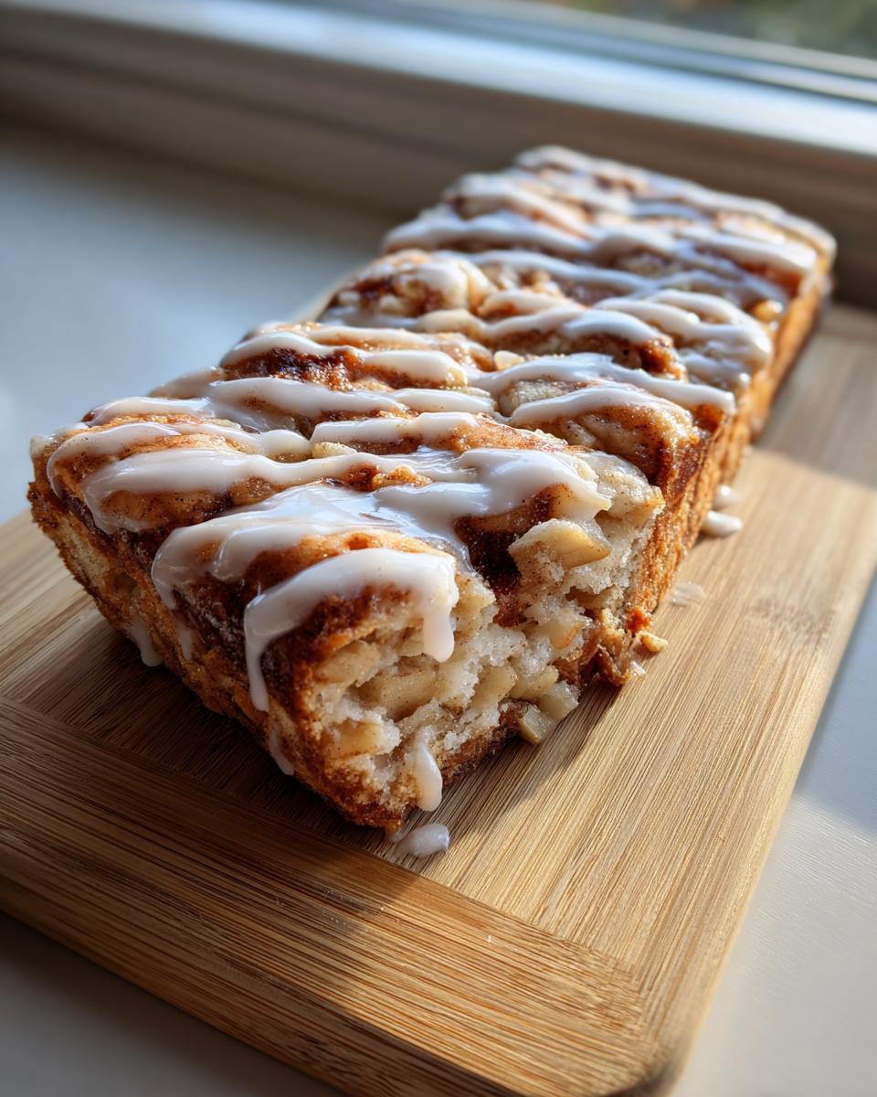 A loaf of moist apple fritter bread drizzled with white vanilla glaze, sitting on a wooden cutting board.