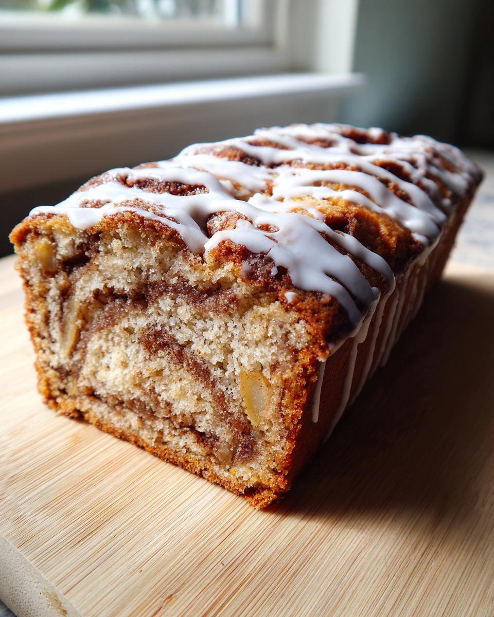 A loaf of freshly baked apple fritter bread, drizzled with white icing, resting on a wooden cutting board.