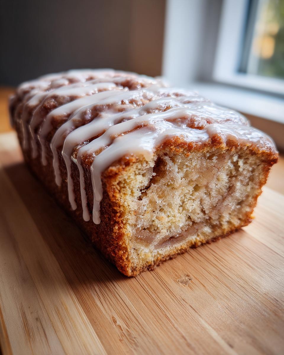 A close-up of a freshly baked apple fritter bread loaf drizzled with white vanilla icing.