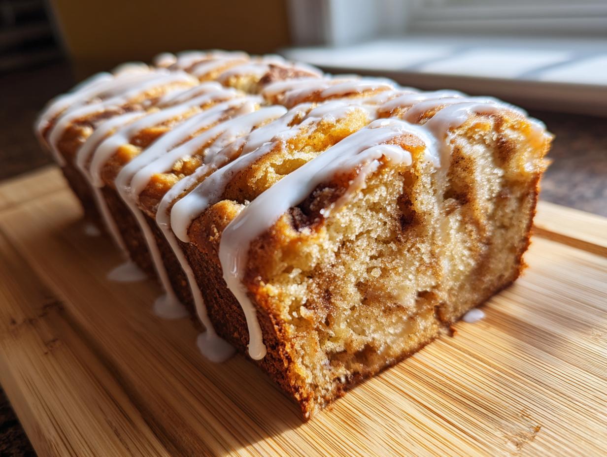 Close-up of a loaf of moist apple fritter bread drizzled heavily with white vanilla glaze.