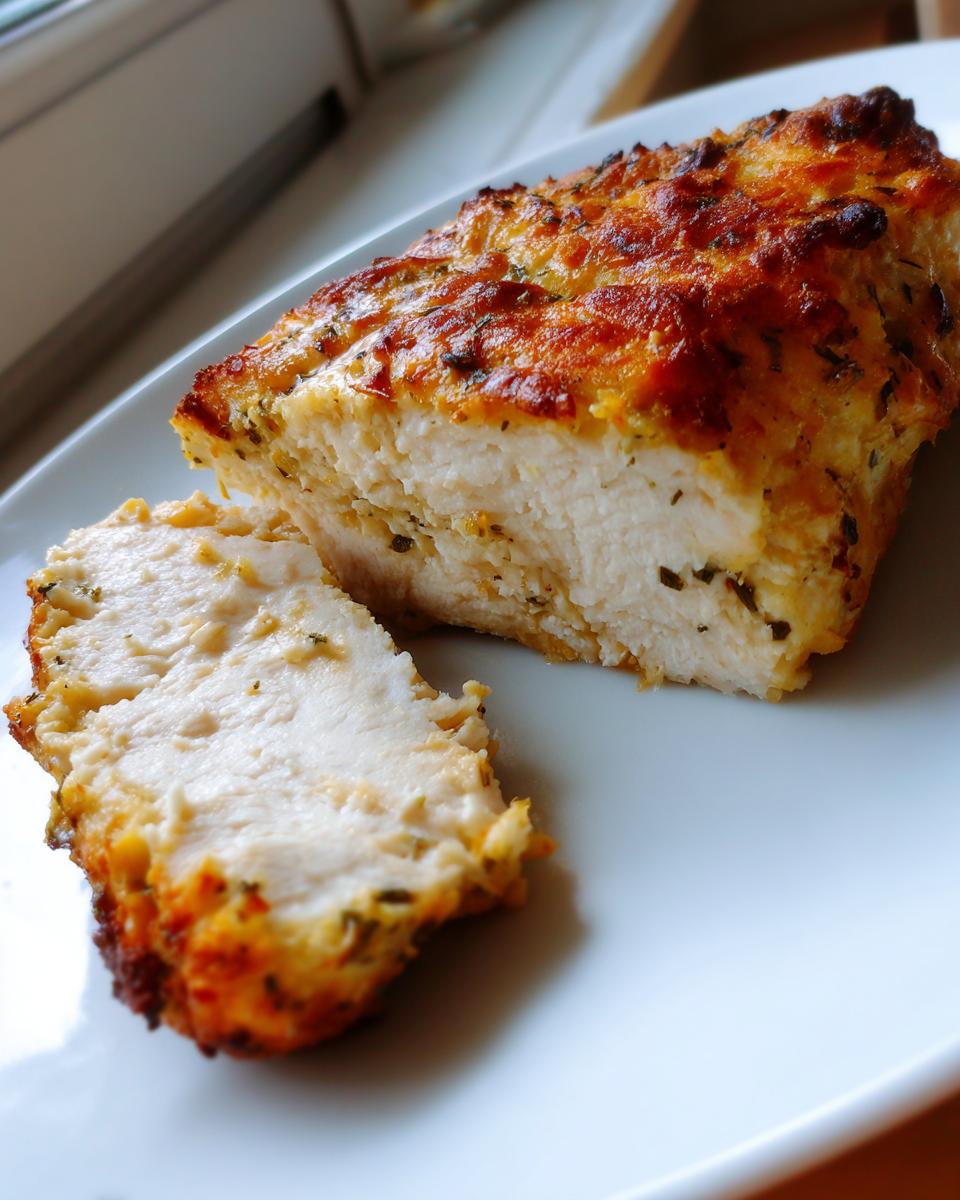 Close-up of moist baked ranch chicken, sliced to show the white interior and golden, herbed topping.