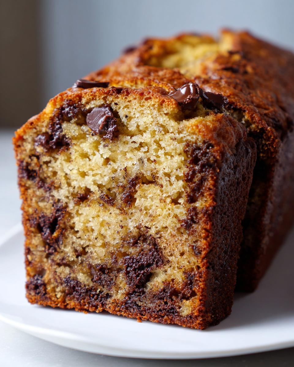 Close-up of a moist slice of chocolate chip banana bread showing the soft crumb and melted chocolate chunks.