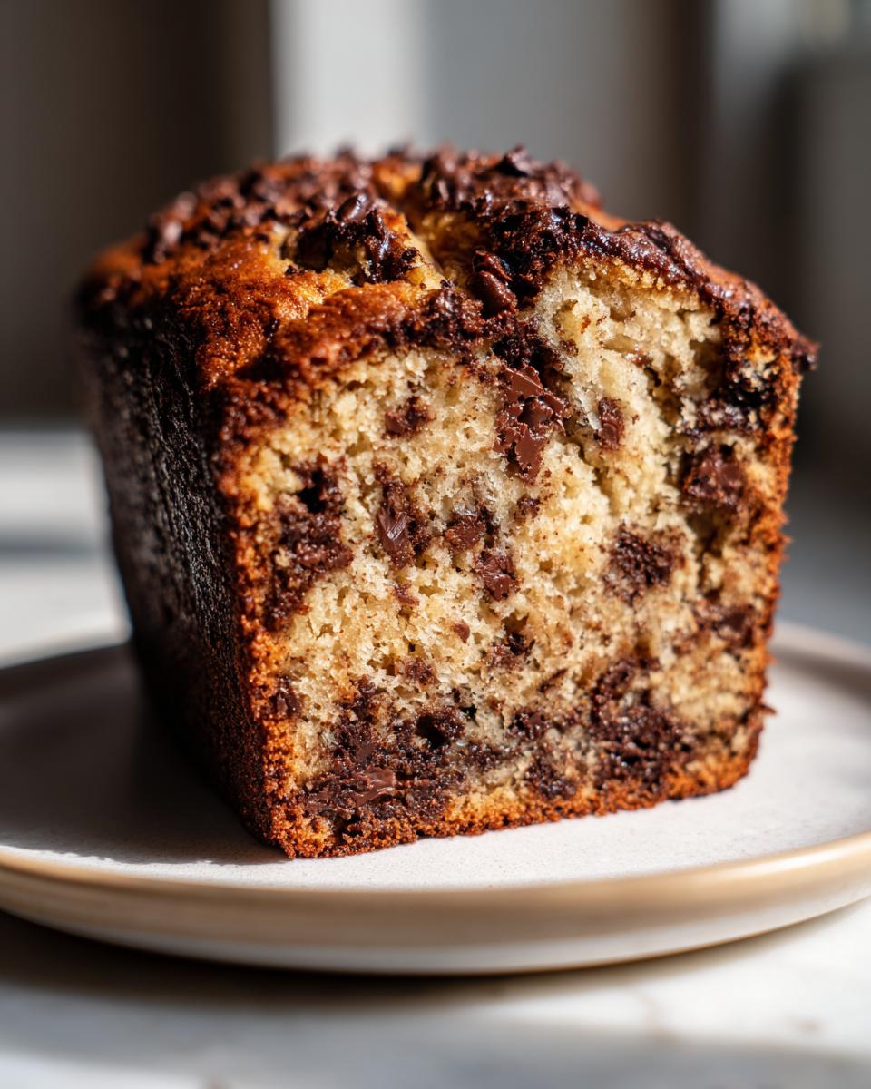 Close-up of a moist slice of chocolate chip banana bread showing the rich texture and melted chocolate chunks.