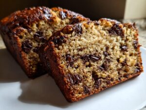 Close-up of two slices of moist banana bread loaded with chocolate chips on a white plate.