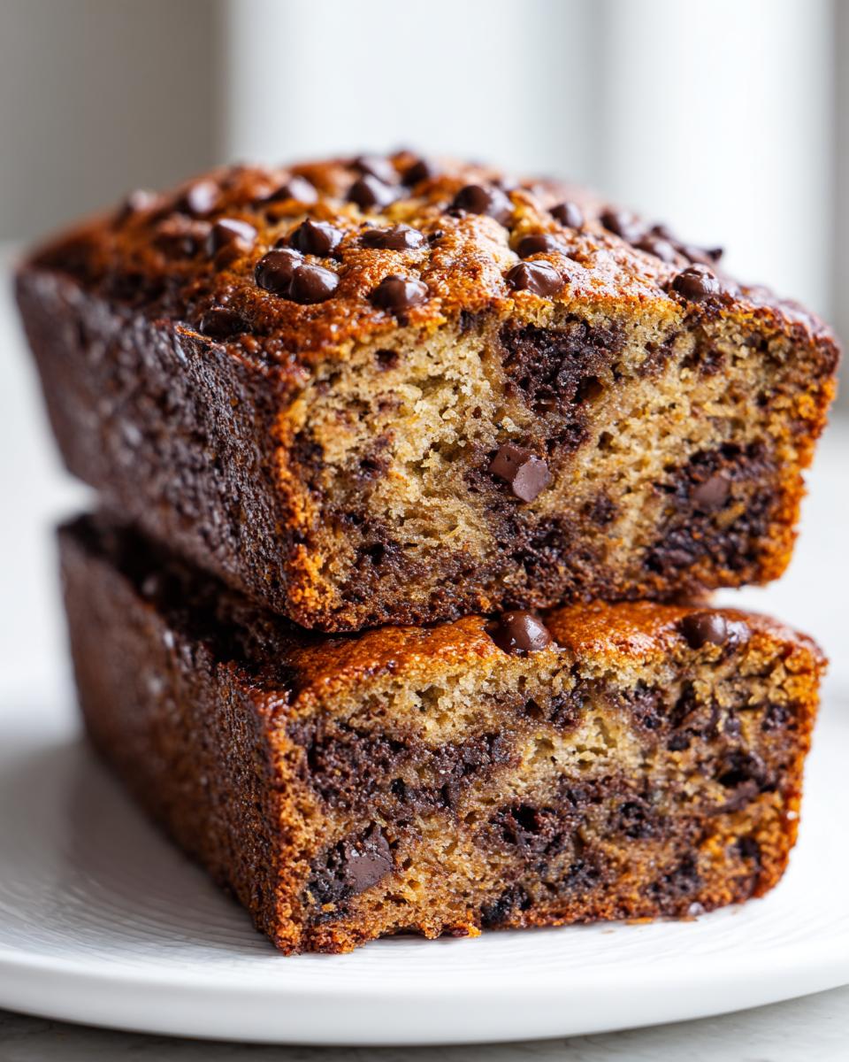 Two stacked halves of moist chocolate chip banana bread showing rich texture and melted chocolate chunks.