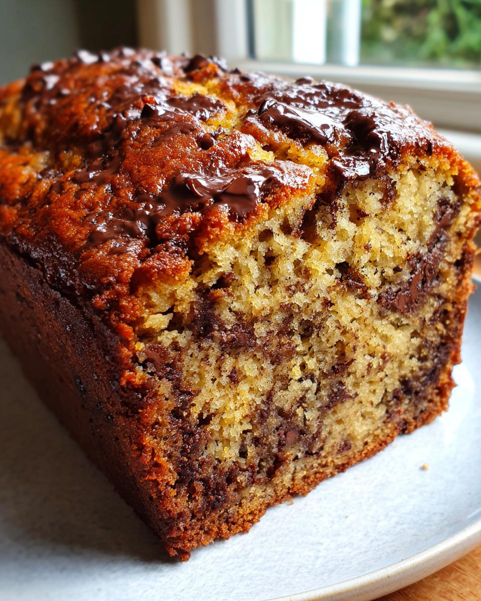 Close-up of a freshly baked, moist banana bread loaf studded with melted chocolate chips.