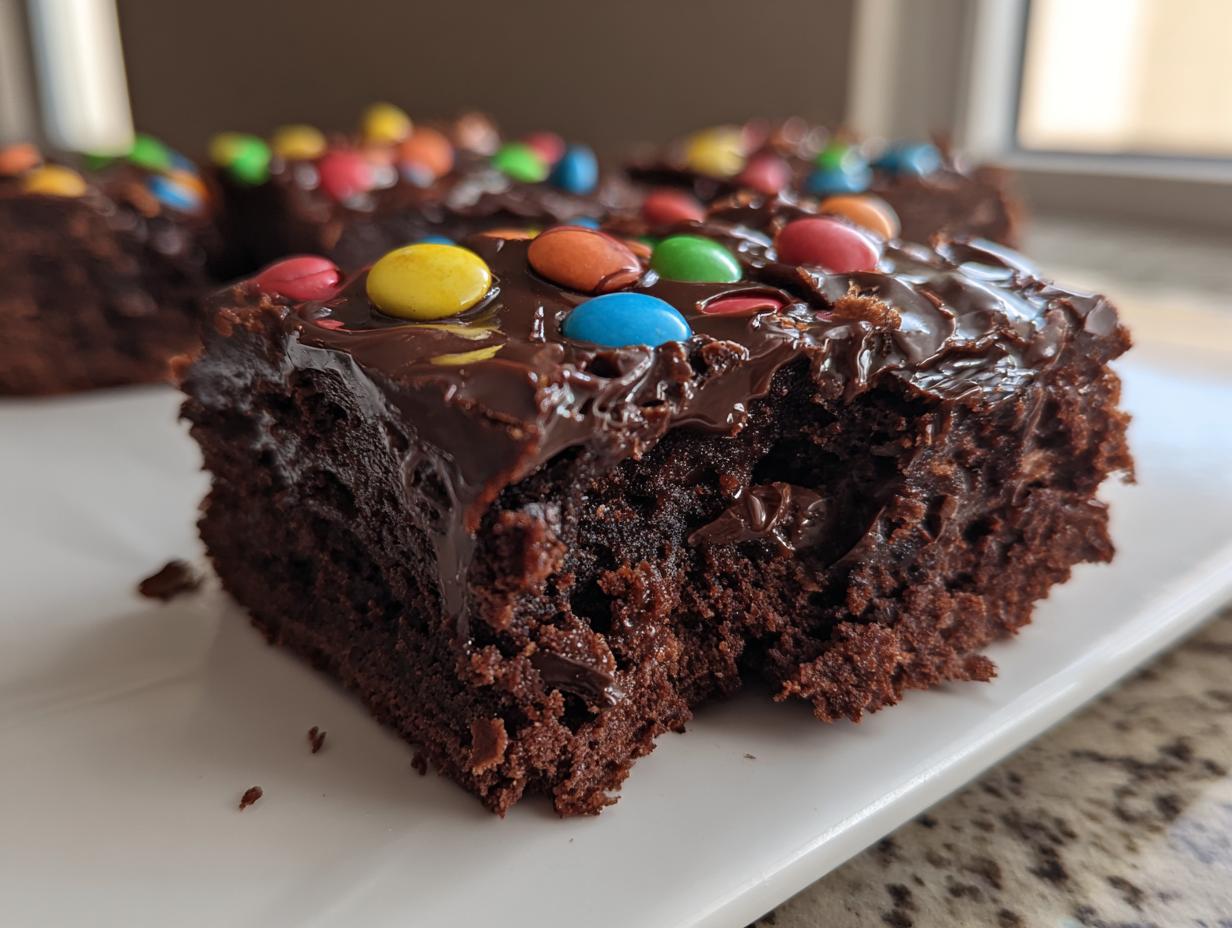 Close-up of a rich, moist slice of cosmic brownies topped with glossy chocolate frosting and colorful candy pieces.