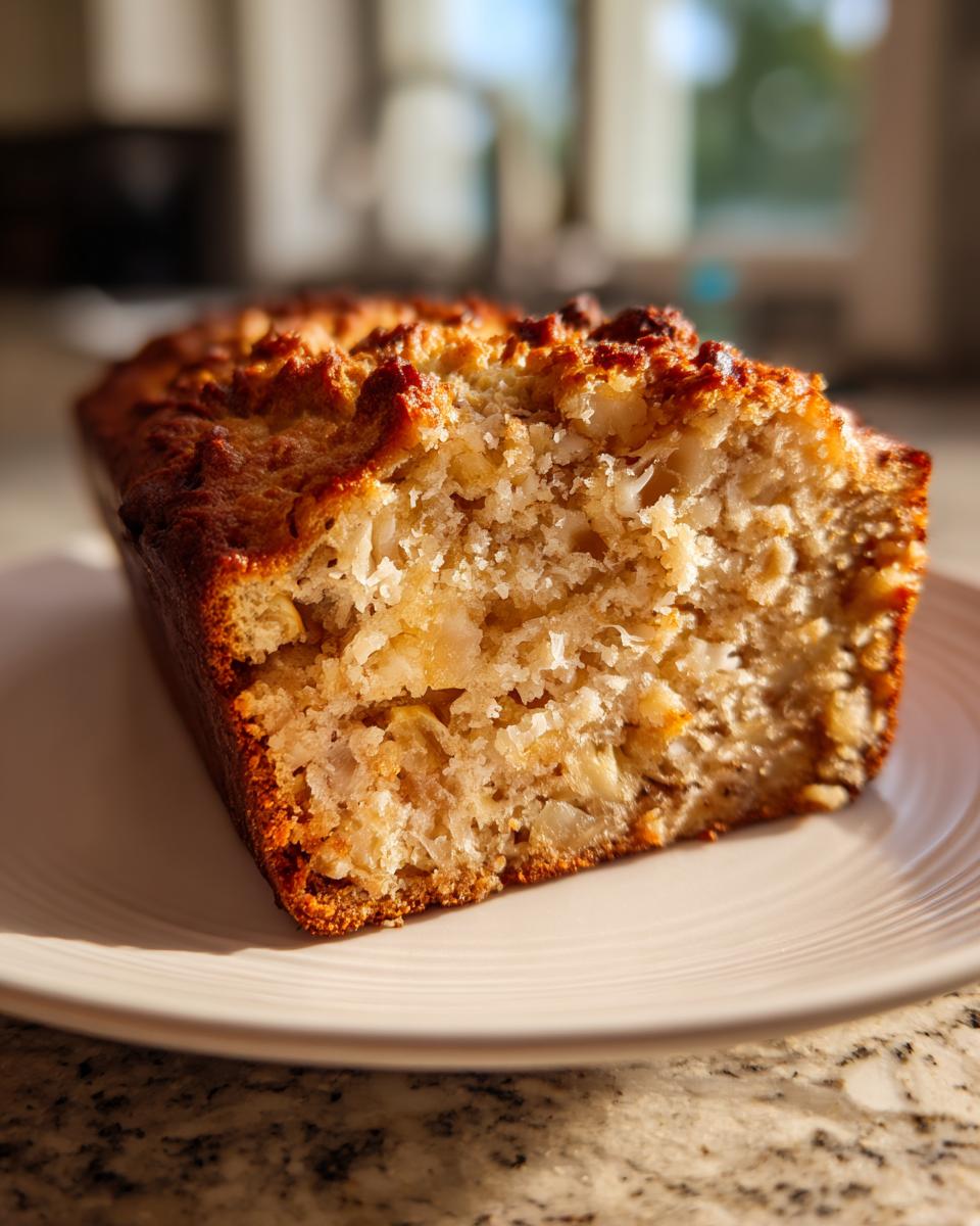 Close-up of a slice of moist Hawaiian banana bread showing the crumb texture and golden crust.