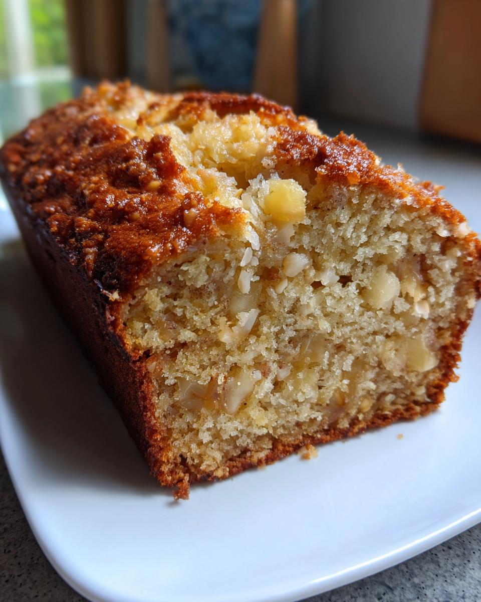 Close-up of a slice of moist hawaiian banana bread showing nuts and a caramelized top crust.