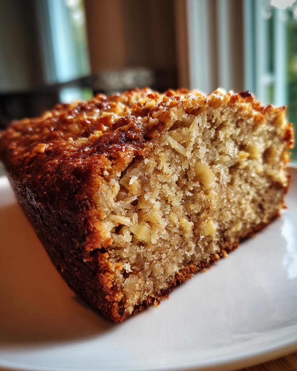 Close-up of a moist slice of hawaiian banana bread showing the texture and crunchy nut topping.