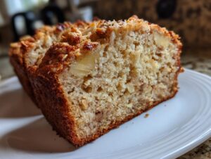 Close-up of a moist slice of hawaiian banana bread showing the crumb texture and crunchy topping.