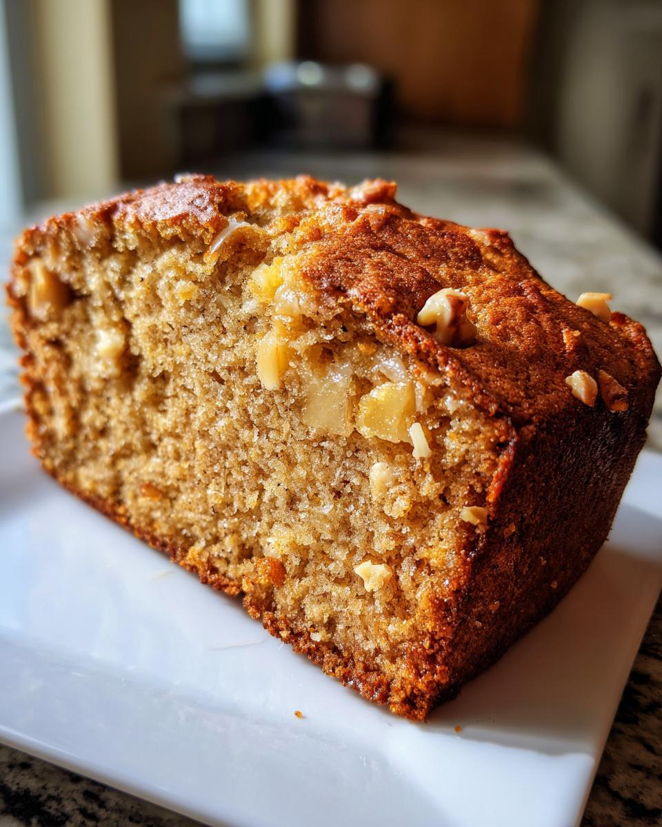 Close-up of a moist slice of hawaiian banana bread showing chunks of fruit and nuts baked into the golden-brown crust.