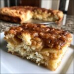 Close-up of a moist slice of apple cobbler showing tender cake and gooey cinnamon apple topping.