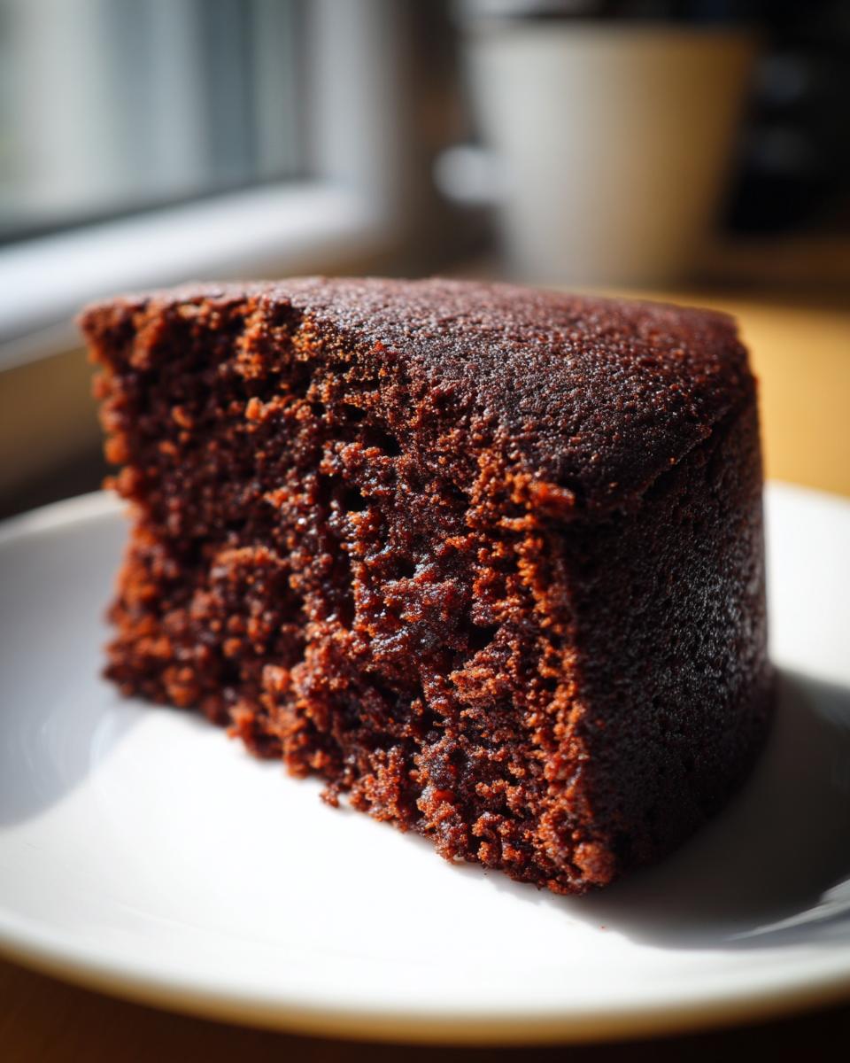 Close-up of a rich, moist slice of chocolate cake recipe served on a white plate near a window.
