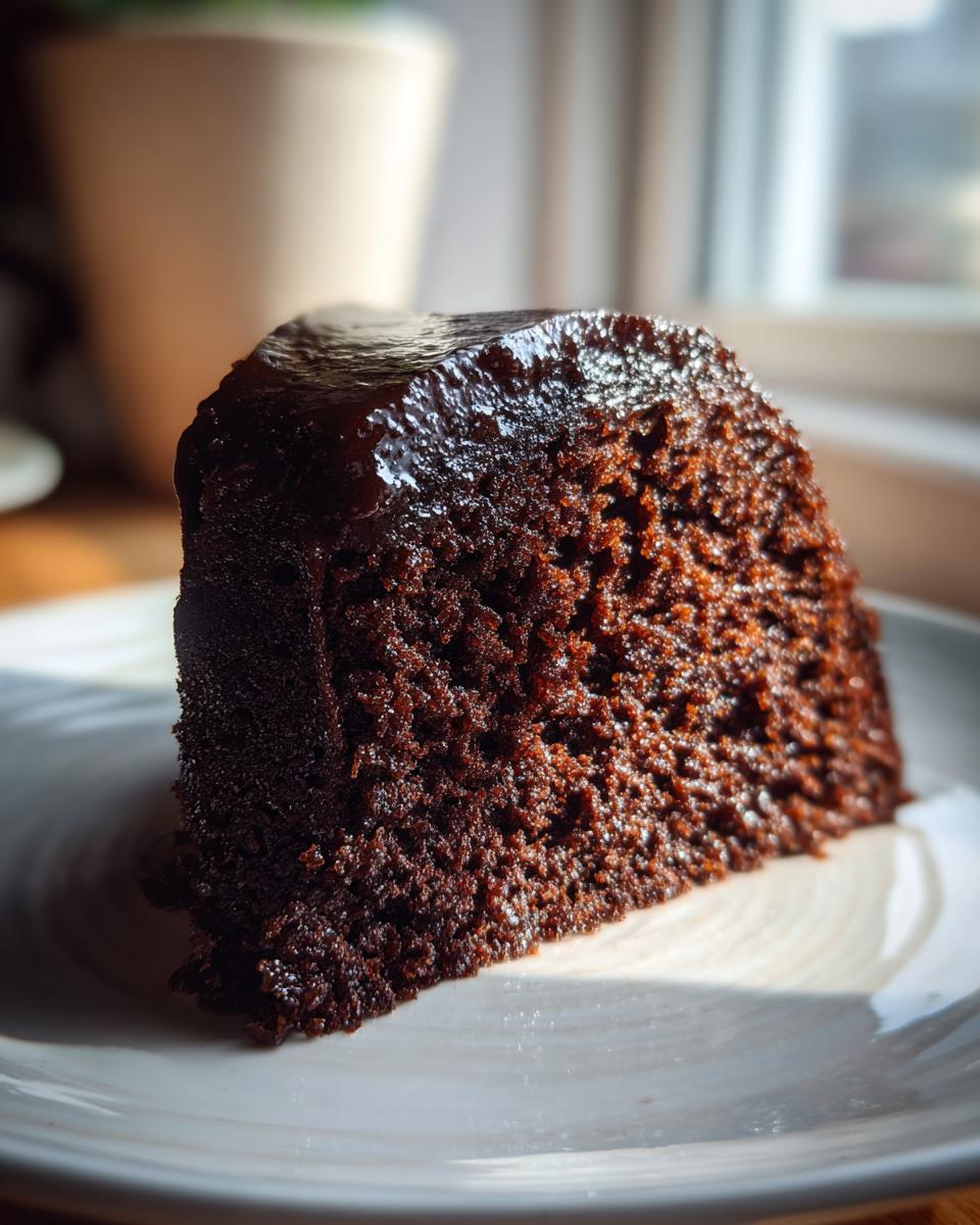 Close-up of a moist, dark slice of chocolate cake recipe with a glossy glaze, sitting on a white plate.