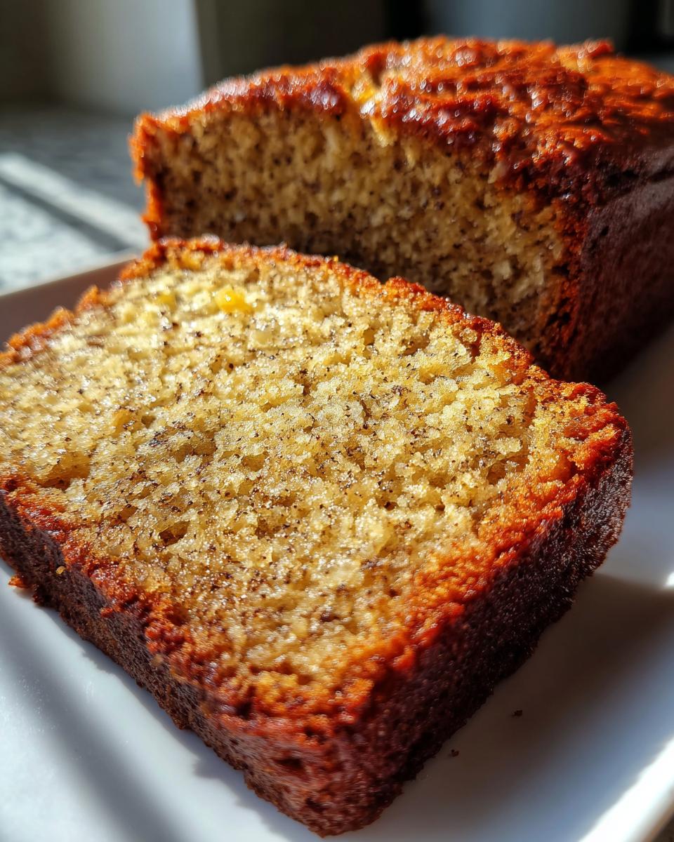 Close-up of a moist slice of sugar free banana bread showing a golden crumb and dark crust.