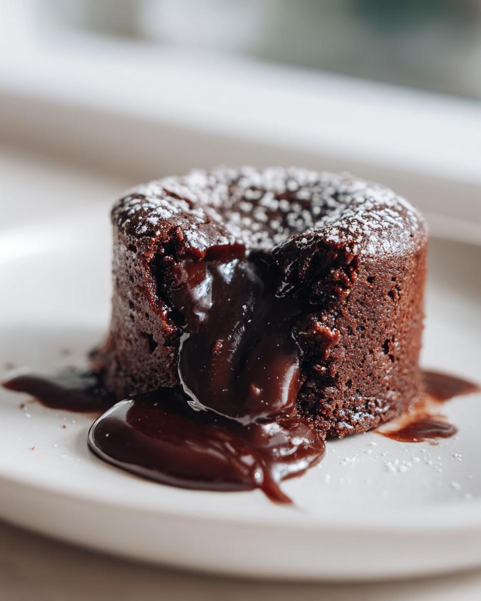 Close-up of a warm chocolate pudding cake with molten chocolate lava center oozing out, dusted with powdered sugar.