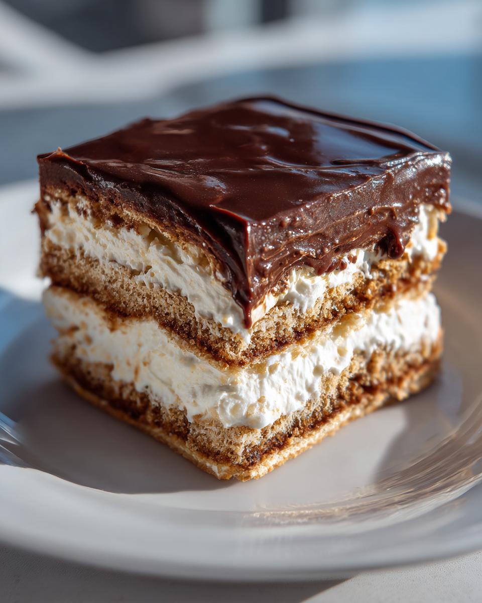 A square slice of no-bake eclair cake featuring graham cracker layers, creamy filling, and rich chocolate frosting.