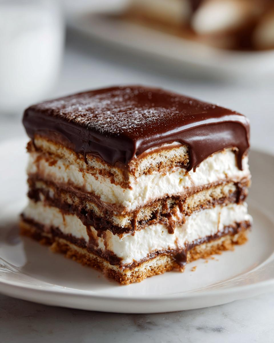 A square slice of no-bake eclair cake showing layers of graham crackers, cream filling, and chocolate ganache topping.