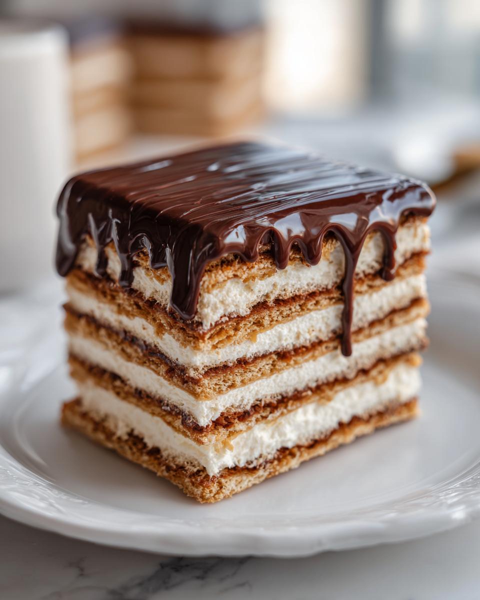 A square slice of layered no-bake eclair cake featuring graham crackers, cream filling, and a rich chocolate glaze dripping down the sides.