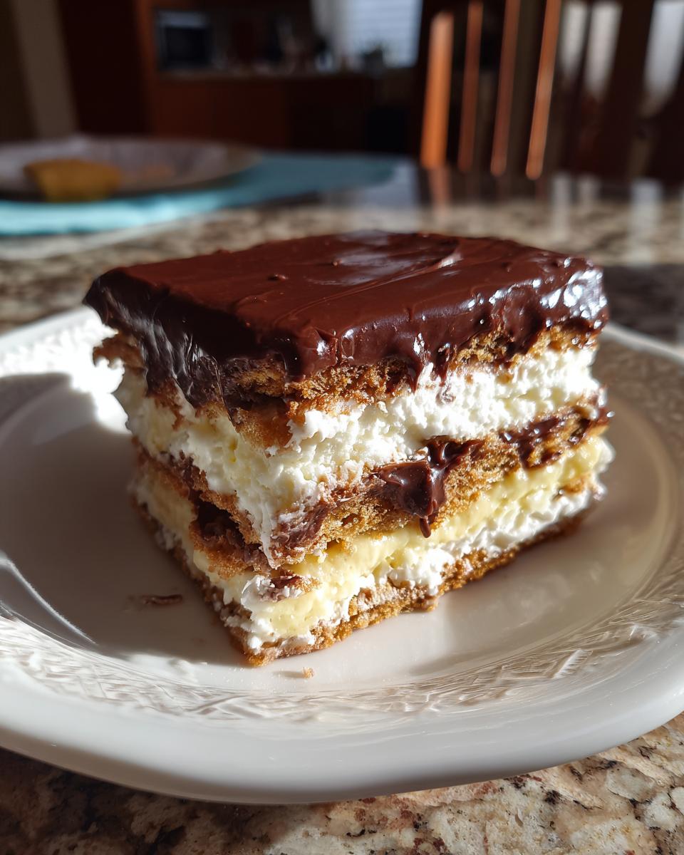 A layered slice of no-bake eclair cake featuring graham crackers, vanilla pudding, whipped cream, and chocolate frosting.