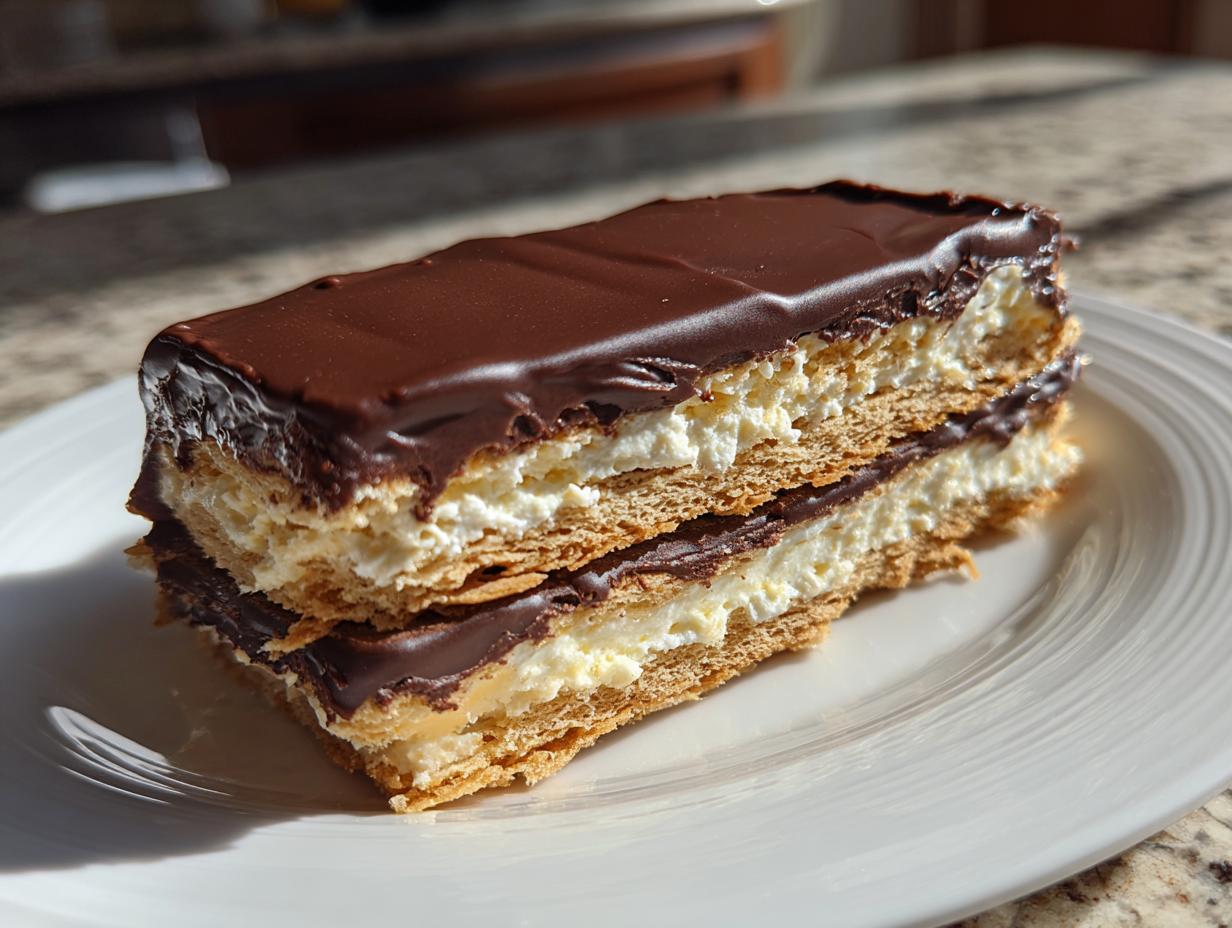 A layered slice of no-bake eclair cake featuring graham crackers, creamy filling, and chocolate frosting, served on a white plate.
