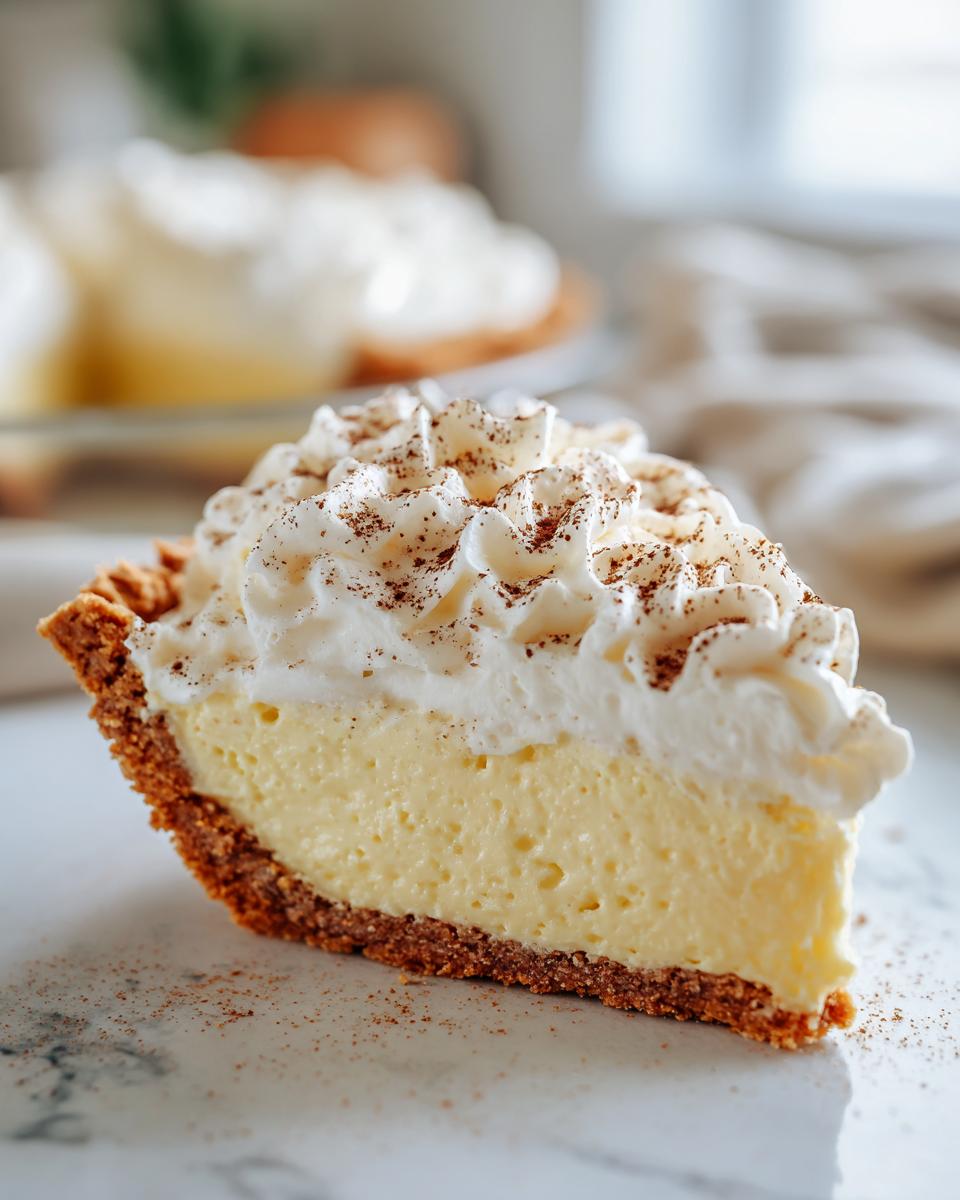 A close-up slice of creamy no-bake eggnog pie with a graham cracker crust and whipped topping dusted with nutmeg.