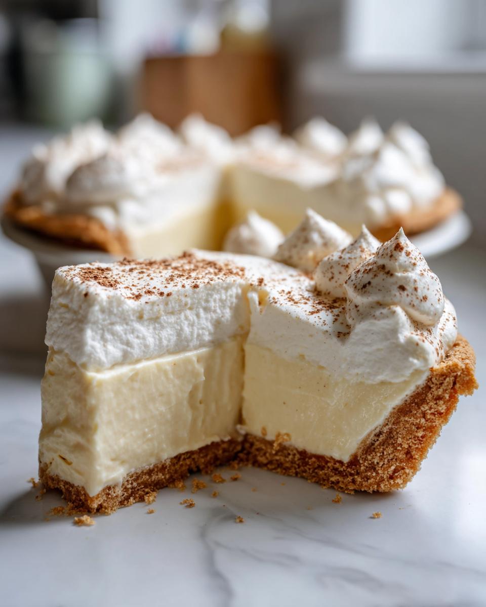 Close-up of a thick slice of no-bake eggnog pie showing the creamy filling, graham cracker crust, and whipped topping dusted with nutmeg.