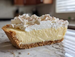 A cross-section slice of no-bake eggnog pie showing the creamy filling, graham cracker crust, and whipped topping dusted with nutmeg.